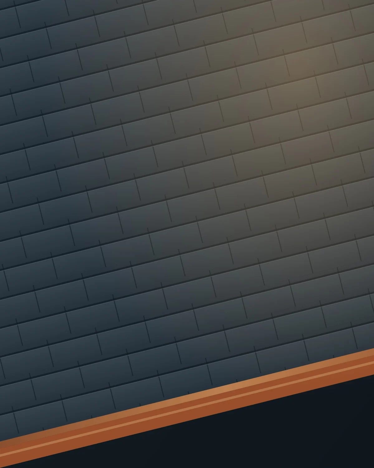 Illustration of dark roof shingle courses above a copper drip edge